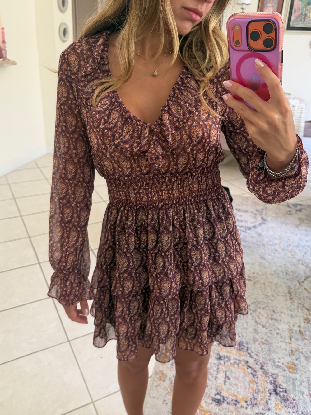 Zara Burgundy Paisley Ruffle-Smocked Mini Dress